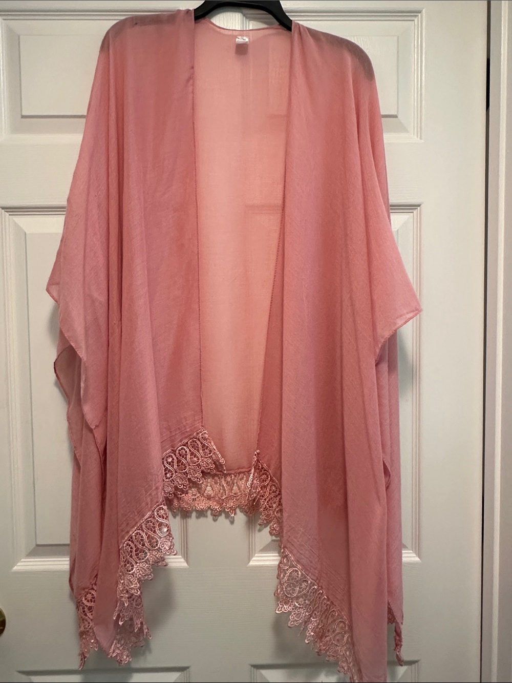 Women's Pink Lace-Trim Sheer Wrap Kimono